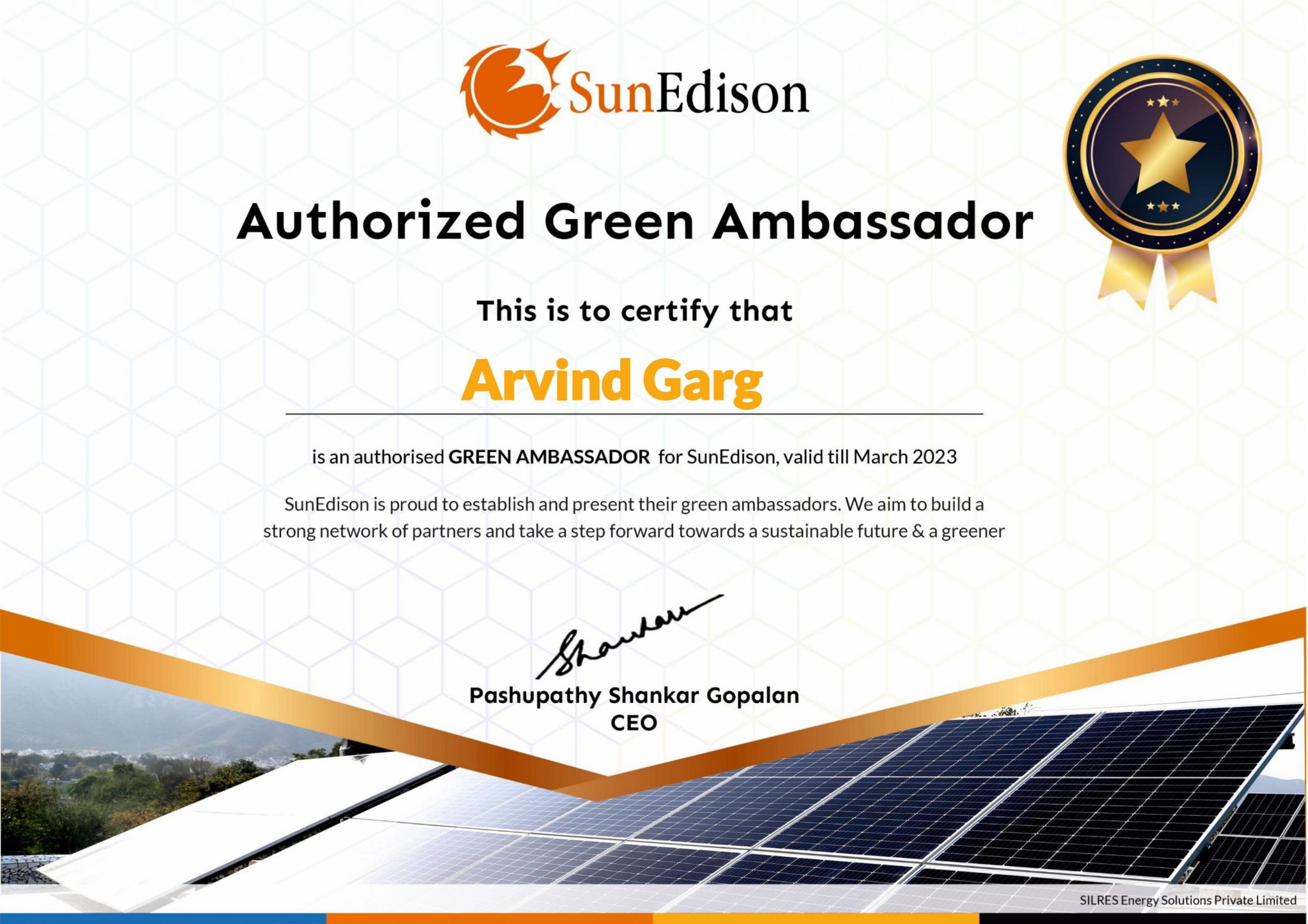 Green Ambassador Certificate - Arvind Garg